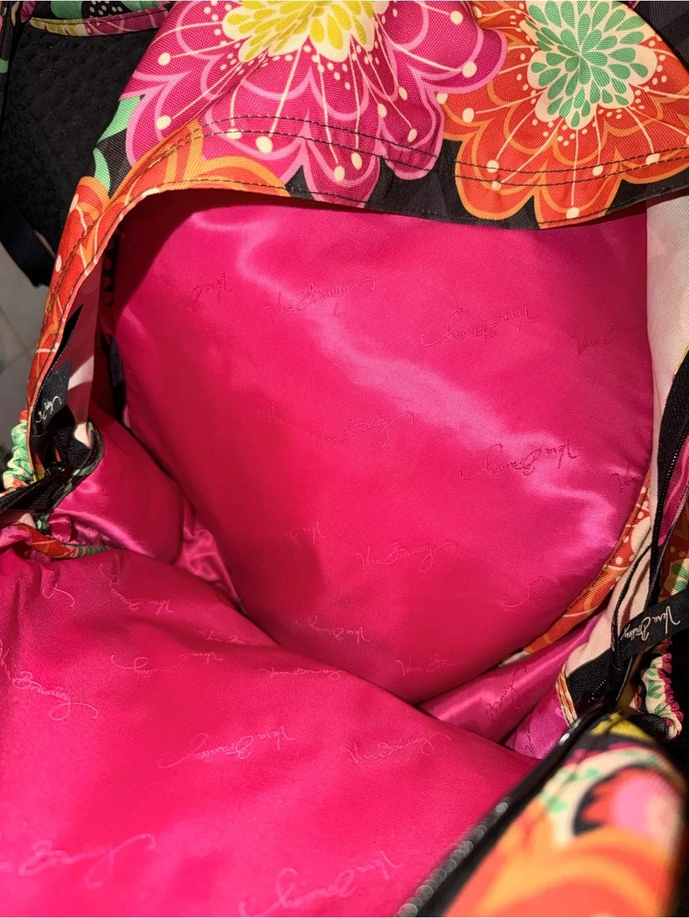 Vera Bradley Black Floral Backpack with Pink, Orange, Yellow and Green Flowers